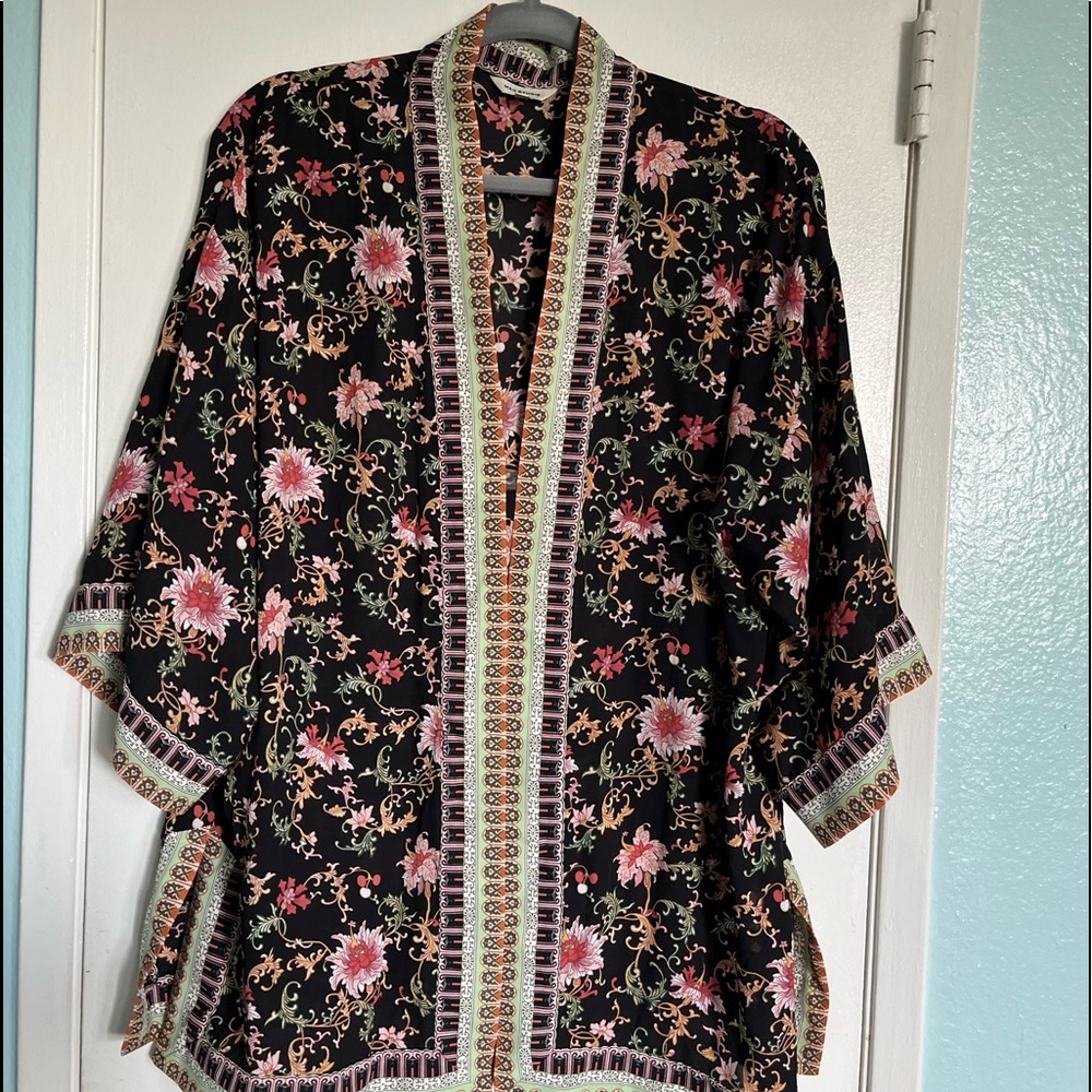 Max Studios floral wrap. 3/4 length sleeve, border detail front, hem, cuff